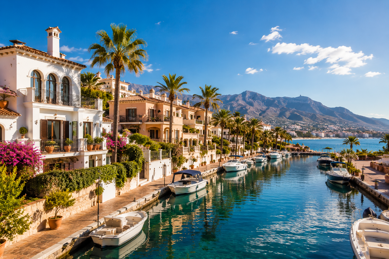 Elegant Spanish marina with villas and palm trees — premium relocation to Spain